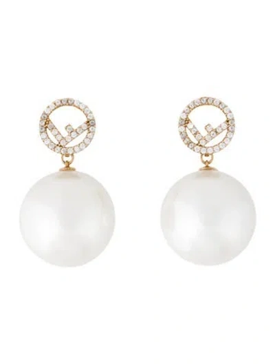 Pre-owned Fendi Faux Pearl & Crystal F Is  Drop Earrings In White
