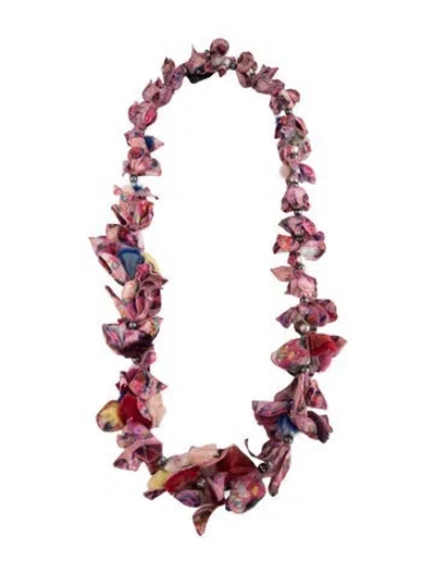 Pre-owned Fendi Faux Pearl & Fabric Flower Bead Necklace, 39" In Multicolor