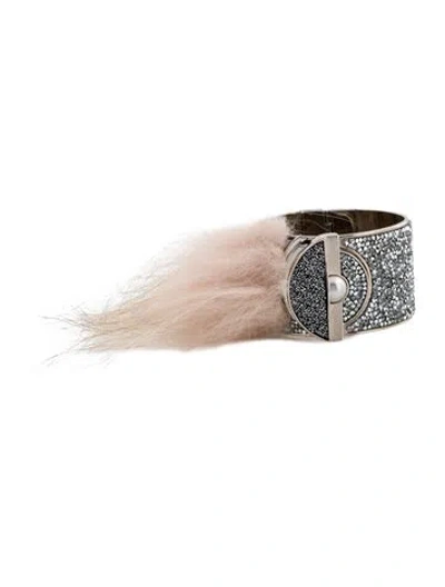 Pre-owned Fendi Faux Pearl, Crystal & Fox Fur Bangle Bracelet, 6"