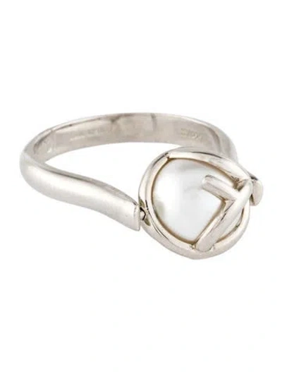 Pre-owned Fendi Faux Pearl F Is  Ring In White