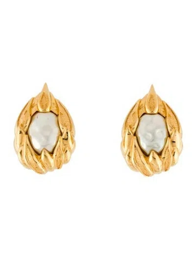 Pre-owned Fendi Faux Pearl Flame Clip-on Earrings In White