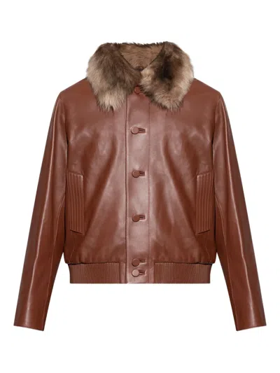 Fendi Faux-fur Collar Leather Jacket In Brown