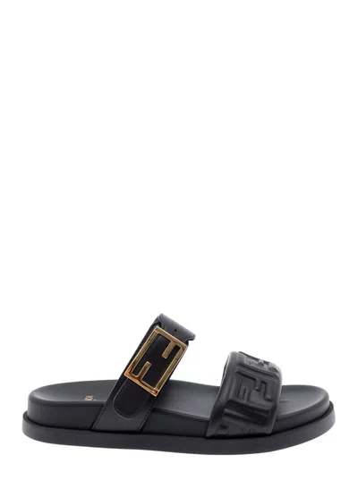 Fendi ‘feel' Black Sandals With Metallic Ff Plaque And Embroidered Logo On Front In Fabric Woman