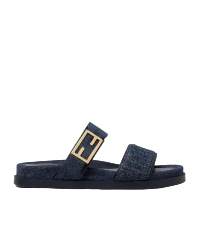 Fendi Double-band Embroidered Slides With Decorative Buckle In Multi