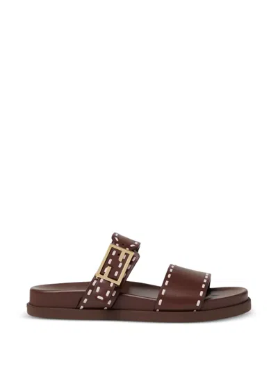 Fendi Feel Topstitch Leather Slide Sandals In Brown