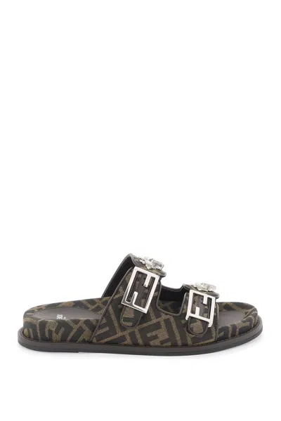 Fendi Feel Canvas Slides With Crystals In Brown