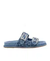 Fendi Ff Embroidered Denim Dual Buckle Slide Sandals In Blue