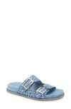 Fendi Ff Embroidered Denim Dual Buckle Slide Sandals In Blue