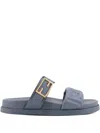 Fendi Feel Embossed Ff Leather Flat Sandals In Blue