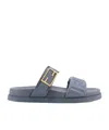 Fendi Feel Embossed Ff Leather Flat Sandals In Blue