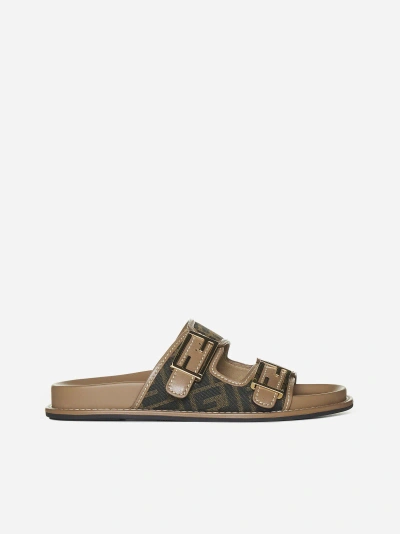 Fendi Feel Ff Fabric And Leather Slides In Brown