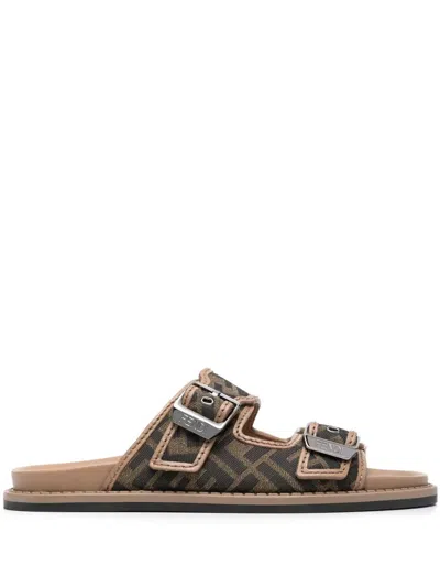 Fendi Feel Sandal In Canvas With Ff Jacquard Monogram And Leather In Multi