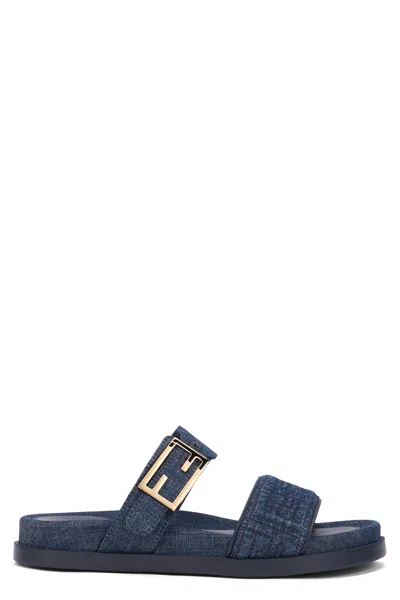 Fendi Double-band Embroidered Slides With Decorative Buckle In Multi