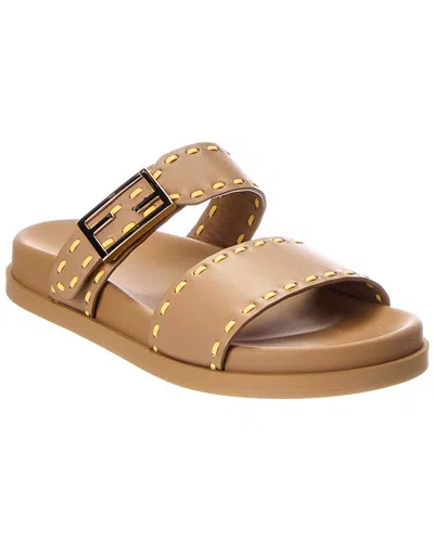 Fendi Feel Leather Flat Sandal In Brown