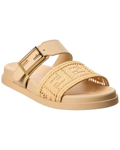 Fendi Feel Slides With Woven Strap And Flat Sole In Neutral