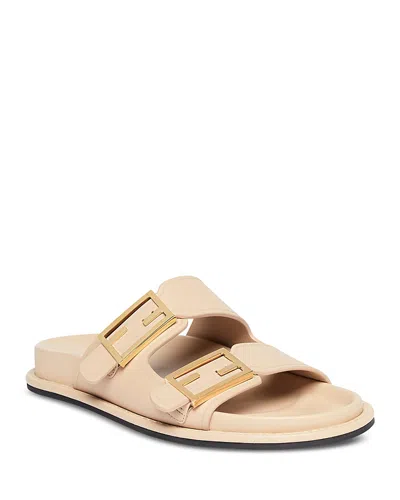 Fendi F Buckle Leather Slide Sandals In Beige