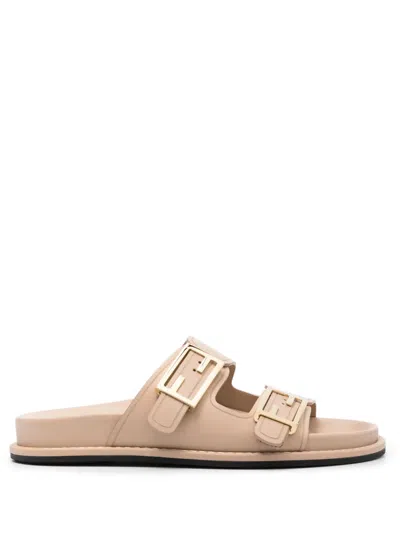 Fendi Women's  Feel Buckle Leather Slides In Buff