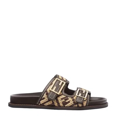 Fendi Slide Sandals With Patterned Woven Upper In Brown
