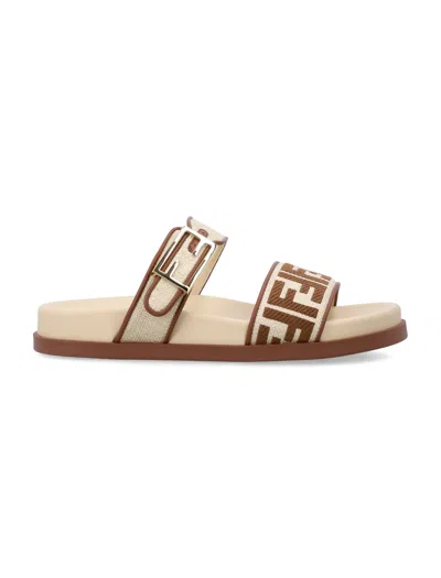 Fendi Feel Raffia-effect Double-band Flat Sandals With Ff Handbaguette Buckle In Beige Brown