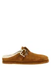 Fendi Feel Suede Shearling Buckle Mules In Beige