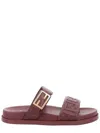 Fendi Double-band Slides With Decorative Buckle And Embossed Motif In Burgundy