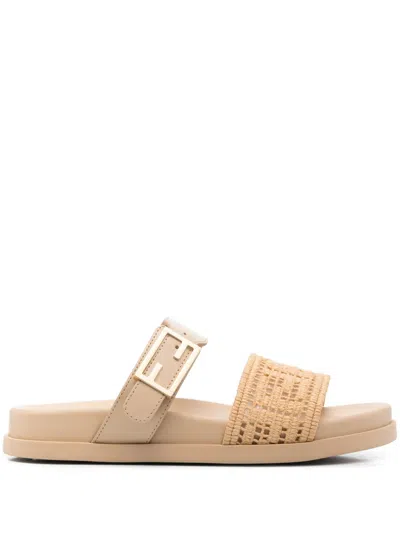 Fendi Feel Slides With Woven Strap And Flat Sole In Neutral