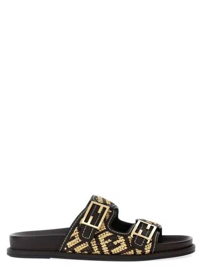Fendi Slide Sandals With Patterned Woven Upper In Brown