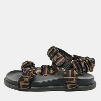 Pre-owned Fendi Feel Size 36 Black/brown Zucca Satin Ankle Strap Flat Sandals