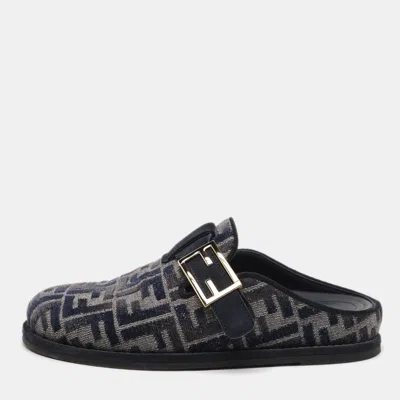 Pre-owned Fendi Feel Size 37 Navy Blue Ff Jacquard And Suede Flat Mules