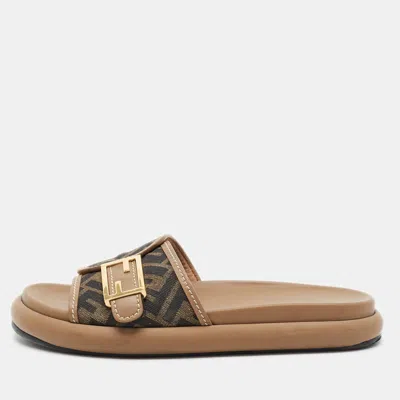 Pre-owned Fendi Feel Size 38 Two Tone Zucca Canvas And Leather Flat Slide In Brown