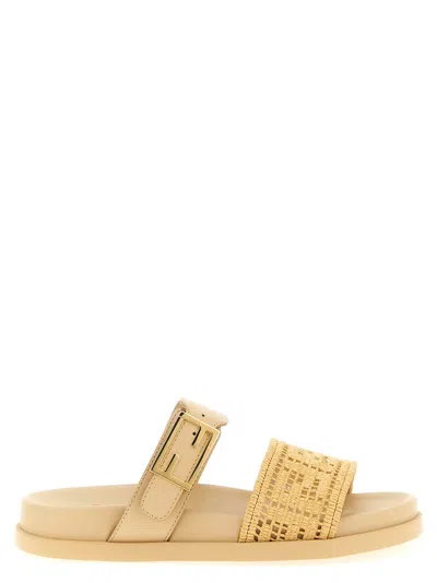 Fendi Feel Slides With Woven Strap And Flat Sole In Neutral