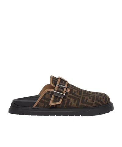 Fendi Ff Jacquard Slippers In Brown