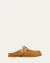 Fendi Feel Suede Shearling Buckle Mules In Caramello Latte