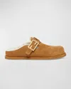 Fendi Feel Suede Shearling Buckle Mules In Caramello Latte