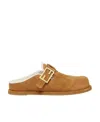 Fendi Feel Suede Shearling Buckle Mules In Brown