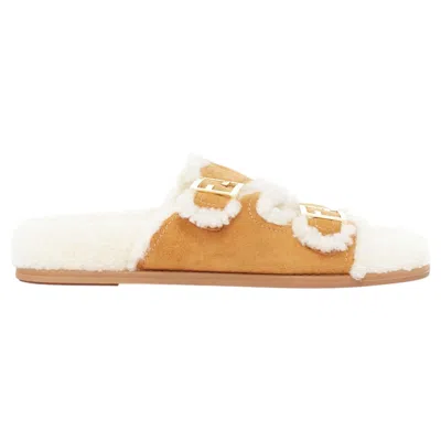 Pre-owned Fendi Feel Tan Brown Suede Shearling Gold Ff Buckle Sandal Slides Eu38