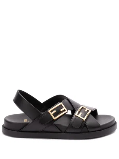 Fendi Feel Triple-band Cross-over Sandals Shoes In Black