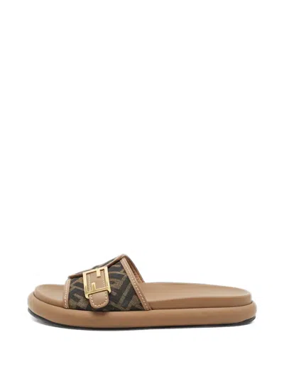 Pre-owned Fendi Feel Zucca-canvas Flat Sandals In Brown