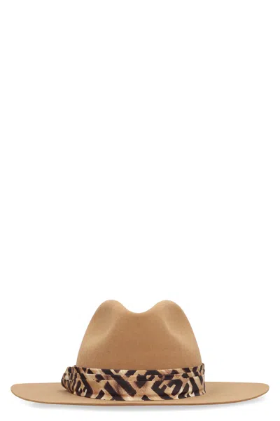 Fendi Felted Wool Hat With Removable Animal-print Ribbon In Brown