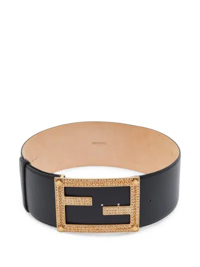 Pre-owned Fendi Fendace Crystal-embellished Wide Belt In Black