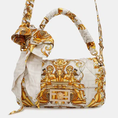 Pre-owned Fendi Fendace Ivory/yellow Nylon Mamma Bucket In White