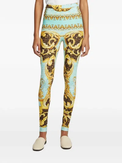 Pre-owned Fendi Fendace Monogram Baroque-print Leggings In Blue