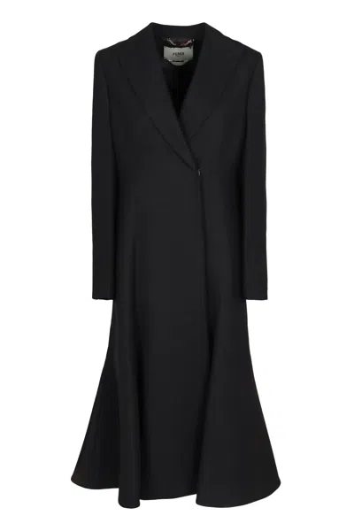 Fendi Black Grain De Poudre Wool Midi Coat With Peplum