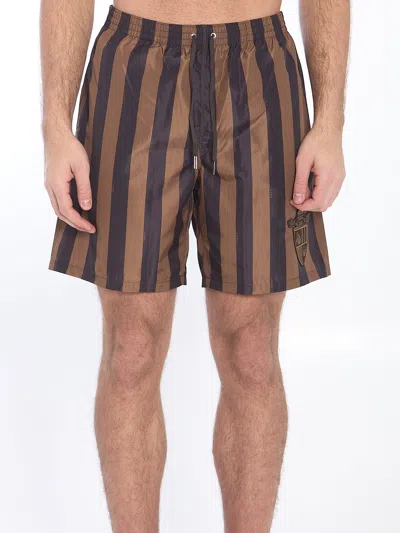 Fendi Crest Swim Shorts In Brown