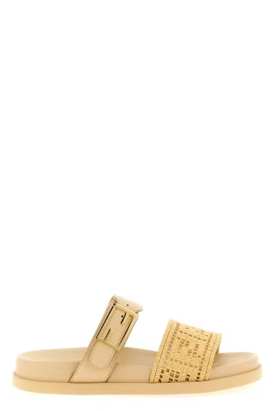 Fendi Feel Slides With Woven Strap And Flat Sole In Neutral