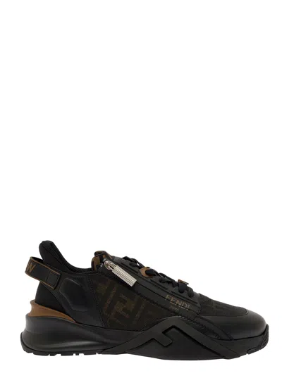 FENDI FENDI MEN 'FENDI FLOW' BLACK LOW TOP SNEAKERS WITH DIAGONAL F DETAIL IN LEATHER MAN
