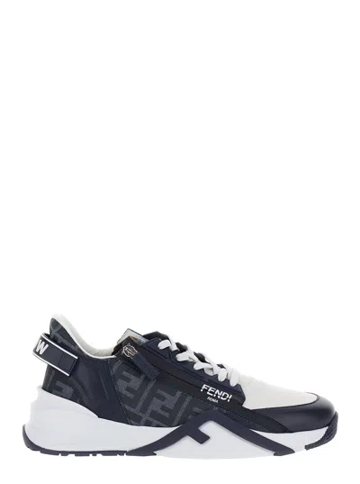FENDI FENDI MEN 'FENDI FLOW' BLUE AND WHITE SNEAKERS WITH LOGO PRINT IN FF JACQUARD AND LEATHER MAN
