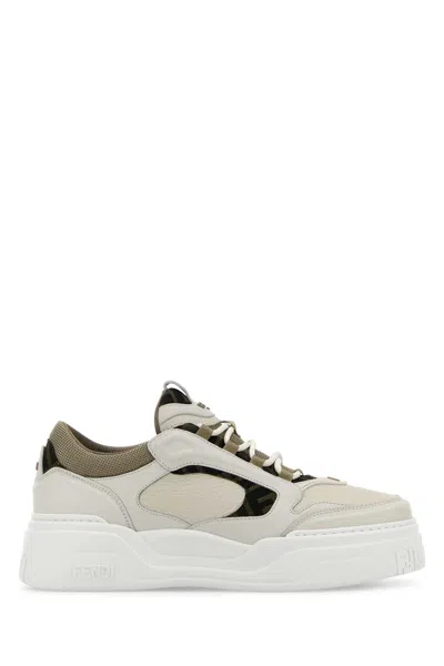 FENDI FENDI FENDI FORCE LEATHER SNEAKERS WITH FF JACQUARD AND MESH DETAILS