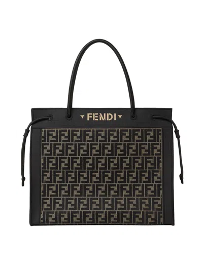 Fendi Magic Shopper Large Shopper In Tessuto Ricamato Ff Marrone In Brown