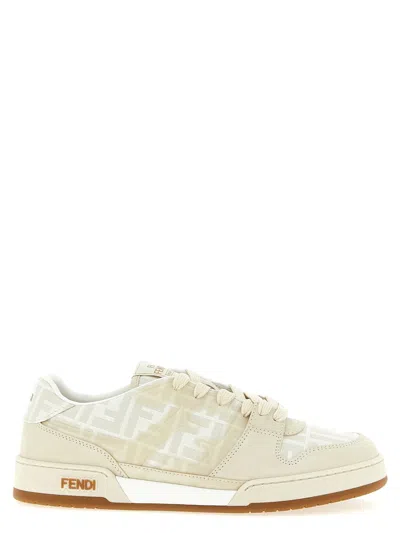Fendi Match Ff Jacquard And Leather Sneakers In Neutral